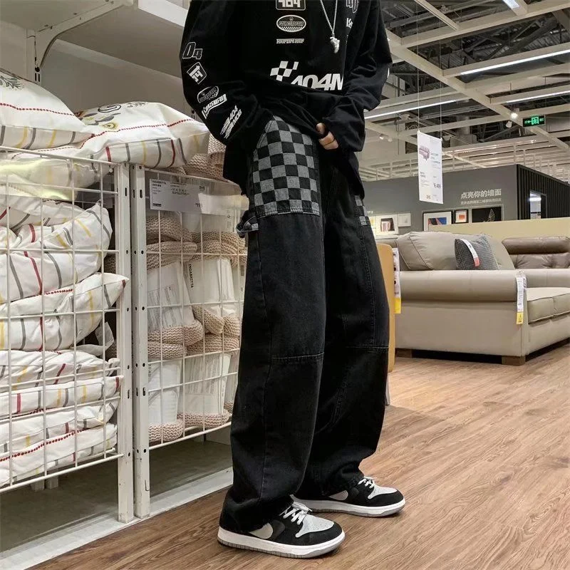 

Синие/черные мешковатые джинсы, мужская мода, ретро, повседневные клетчатые джинсы, Мужская Уличная одежда, свободные прямые джинсы в стиле ...