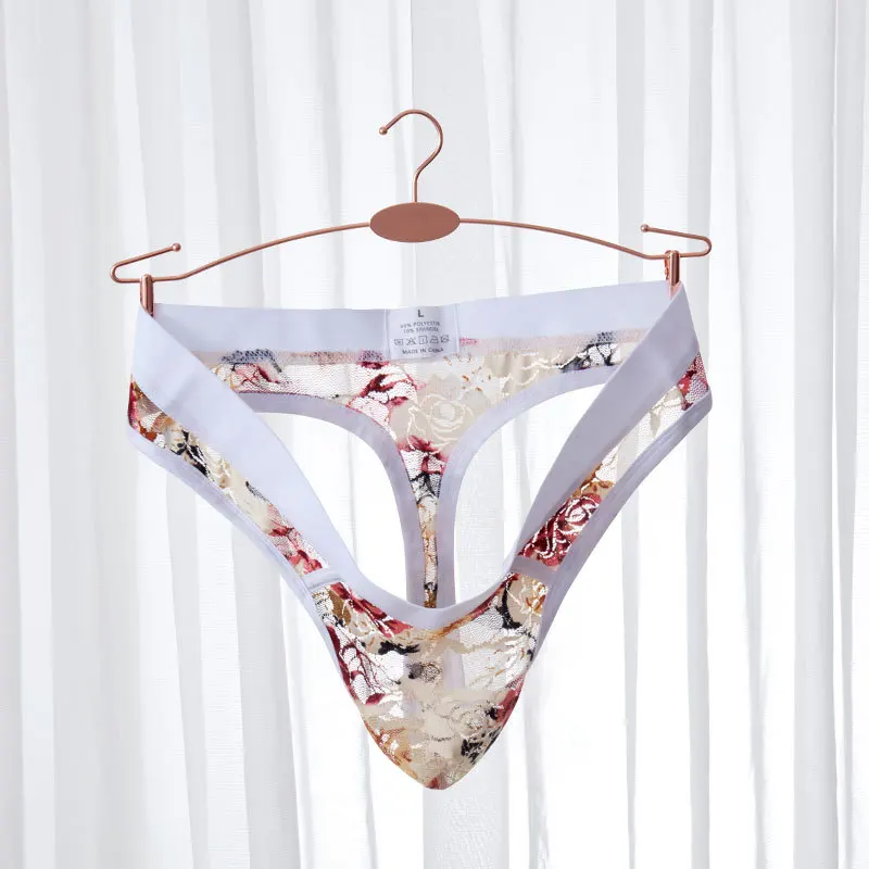 Sexy Underwear Men G-string Thong Transparent Lace T-panties Man Printed Floral Pouch |