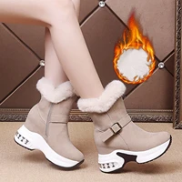 fashion women boots casual shoes breathable slip on belt buckle wedges thermal boots outdoor winter warm fur plush shoes female