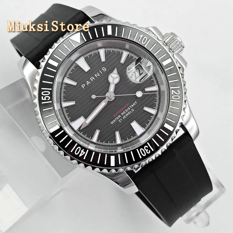 Мужские деловые часы Parnis 41 мм сапфировое стекло Керамическая рамка черный цвет