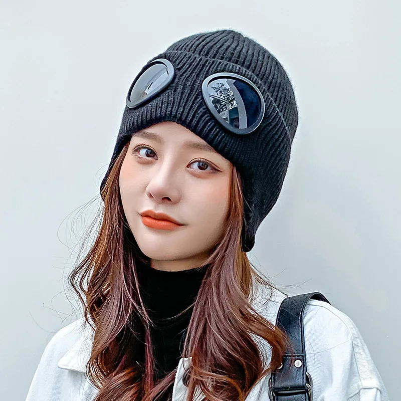 

Winter Hat For Women Woolen Beanies Hat Women Winter Aviator Glasses Hat Thicken Knitted Hat Fashion Warm Ski Hat