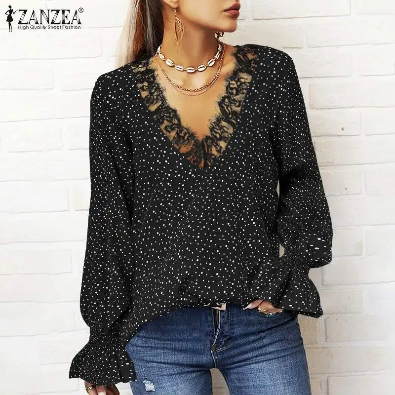 

Блузка женская кружевная в горошек, в стиле пэчворк, большого размера, с пышными рукавами, весна 2021