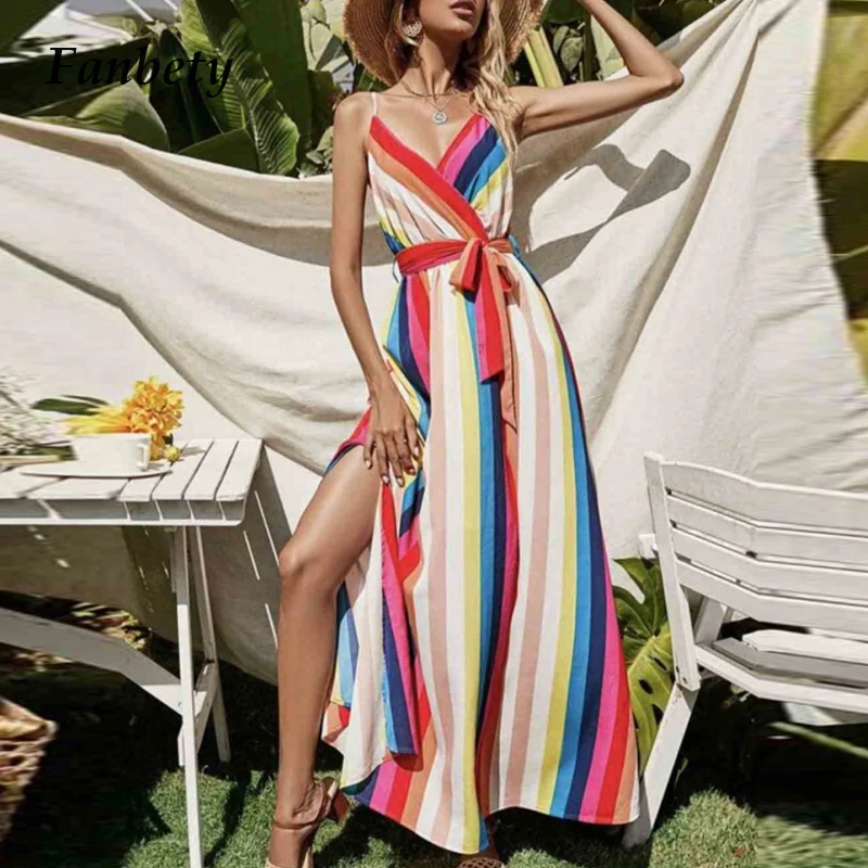 

Summer Vintage Stripe Printed Sling Long Dress Women Elegant Backless Sleeveless Party Dresses Ladies Fashion V-Neck Beach Dress
