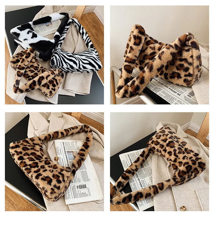 

Fashion Leopard Print Women Small Shoulder Bag Plush Soft Fluffy Ladies Baguette Purse Handbags Vintage Female Underarm Bags
