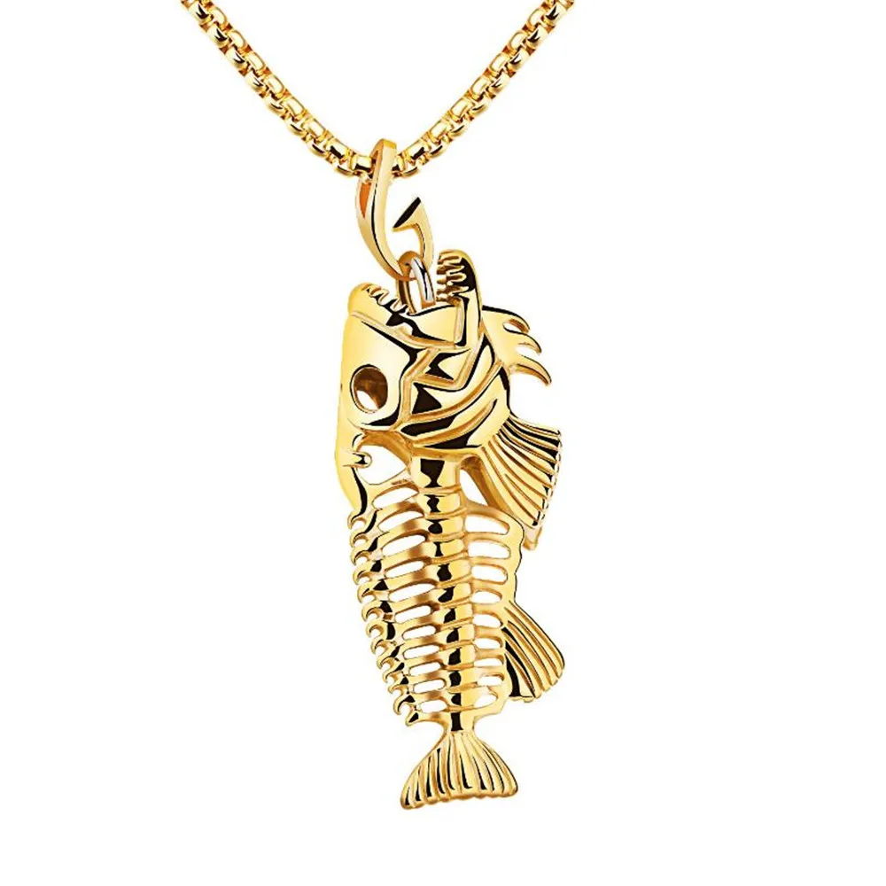 

Fashion retro double-sided fish skeleton men's necklace domineering hip-hop party locomotive accessories jewelry gifts wholesale