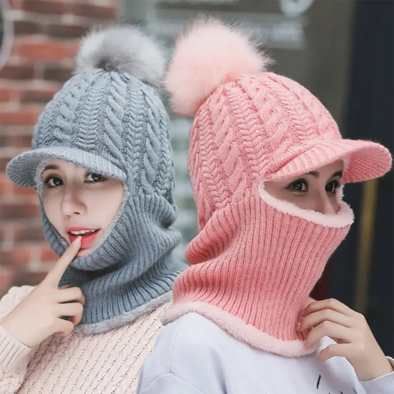 

Women Knit Pom Hat Scarf Neck Warm Peaked Ski Cap Winter Thermal Beanie Outdoor