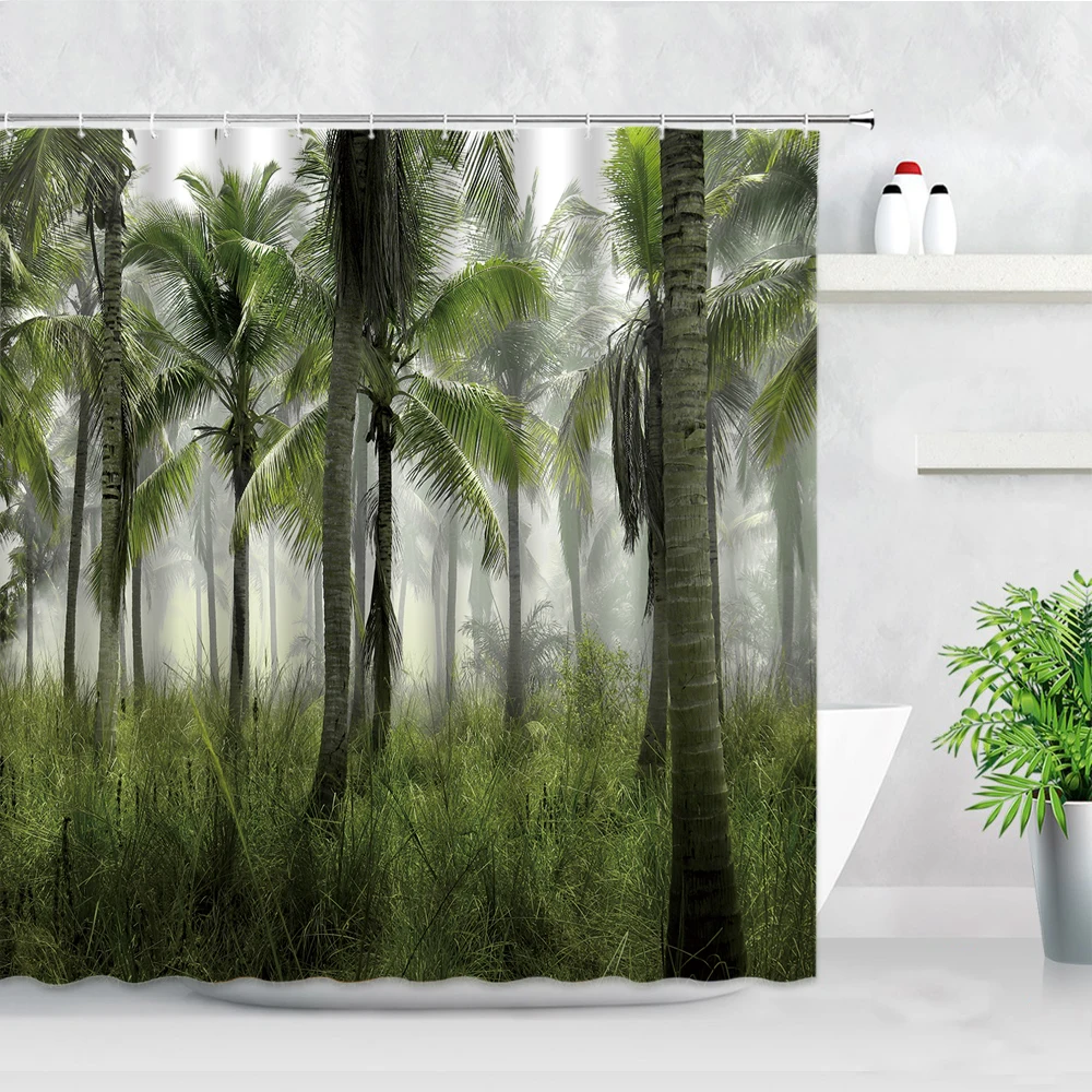 tropical plant scenery shower curtain set jungle waterfall palm leaf coconut tree print waterproof cloth bathroom decor curtains free global shipping