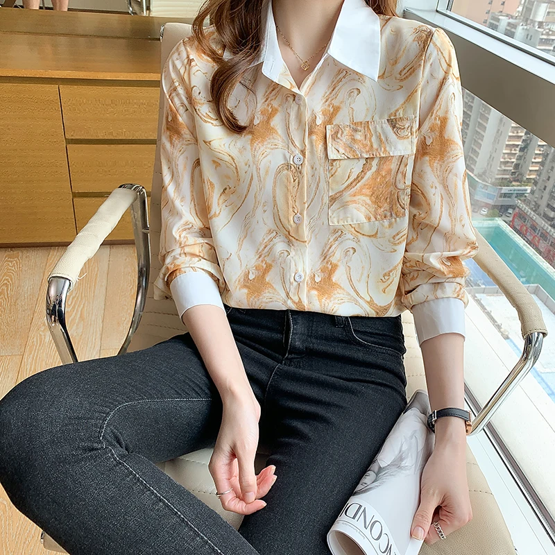 

Summer New Women's Blouses Polo Shirt Long Sleeve Top Printed Girl Chiffon Casual Fashion Lady Loose Clothing Houthion
