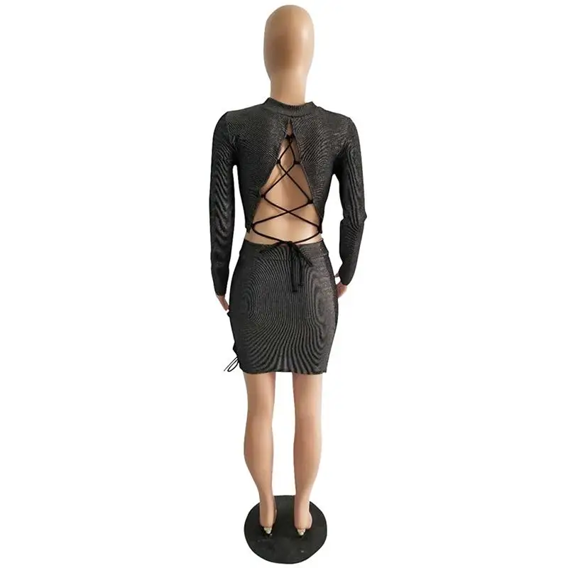 

Sexy Hollow Out Two Pieces Set Summer New O Neck Backless Crop Tops And Side Lace Up Skirt Dresses Sets
