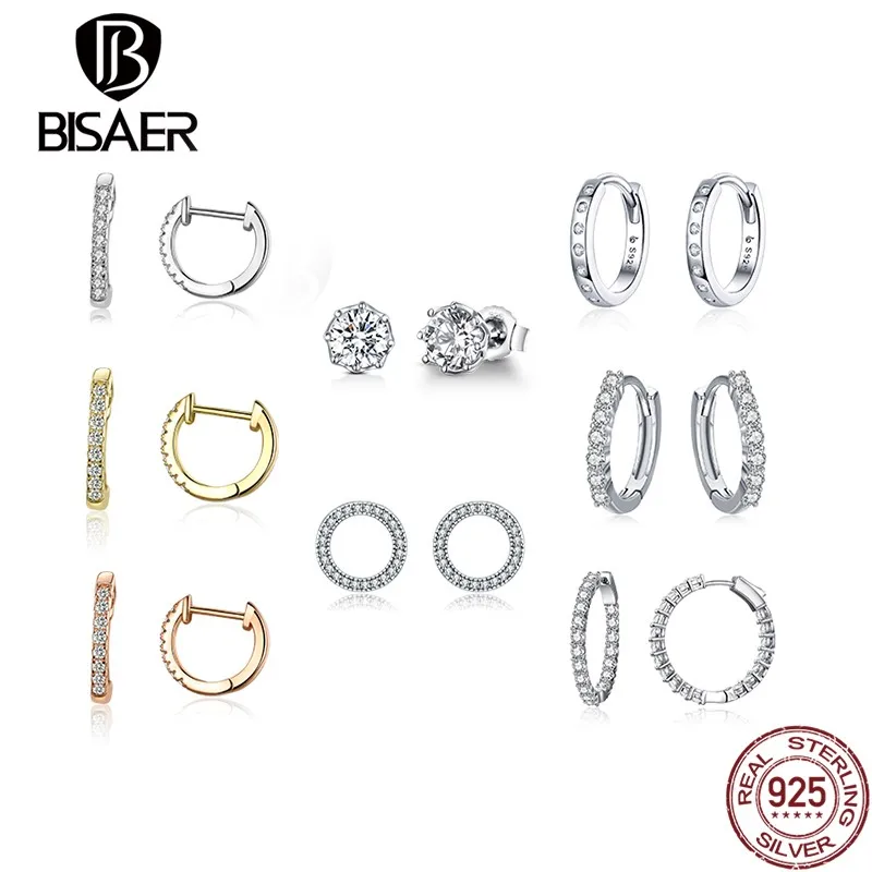 

BISAER Stud Earrings 925 Sterling Silver Round Shape Luxury CZ Crystal Zircon Earring For Women Fine Jewelry Gift GXE498