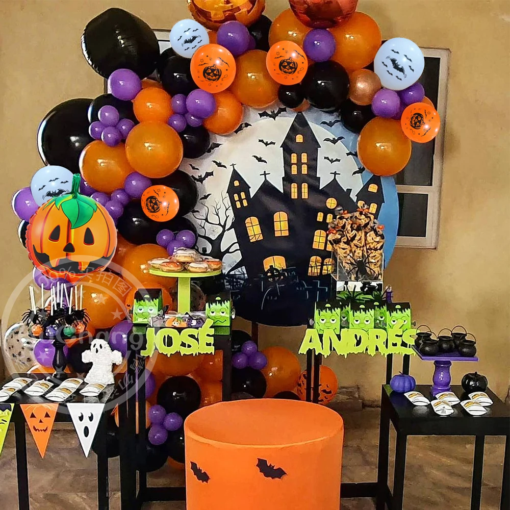 

112pcs Halloween Balloons Garland DIY 4D Balloon Arch Kit Black Orange Latex Balloons Bat Pumpkin for Halloween Party Decoration