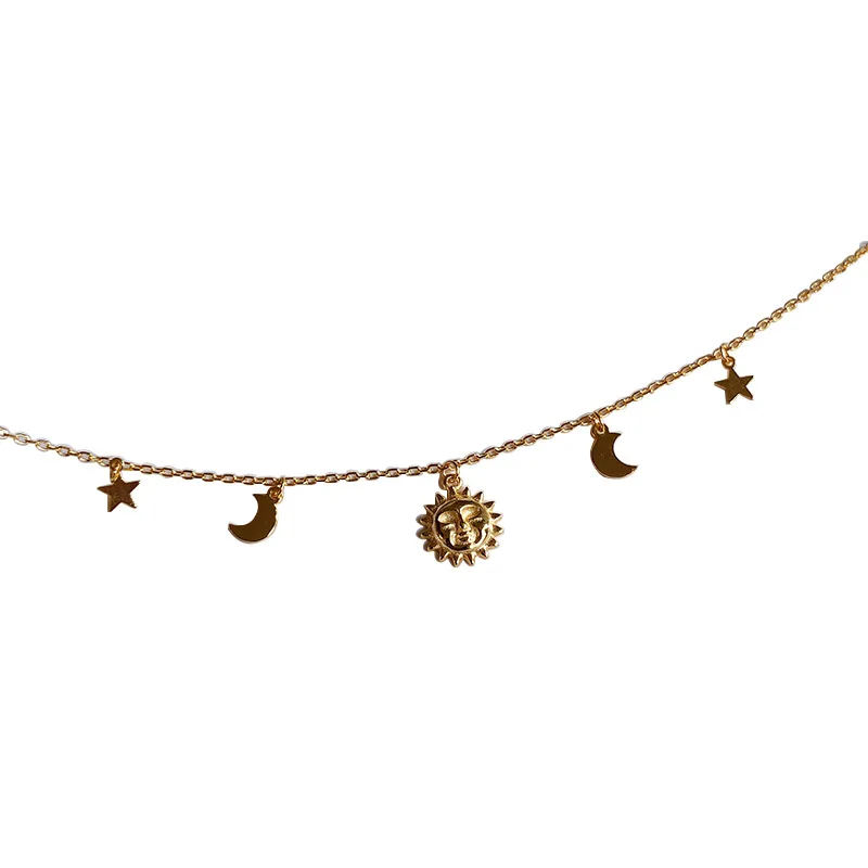 Leouerry 925 Sterling Silver Beautiful Sun Moon Star Necklace 14K Gold Plated Clavicular Chain Necklace for Women Simple Jewelry - Цвет камня: Gold