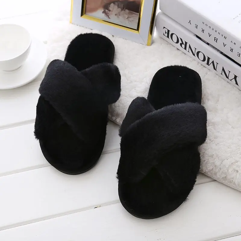 

Furry Slippers Winter House Slippers Fashion Warm Shoes Woman Slip On Flats Female Slides Black Pink Cozy Home Furry Slippers