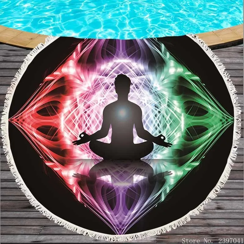 

Buddha Printed 150cm Round Microfiber Fabric Large Beach Towel Purple Luxury Bath Towels for Adult Women Yoga Picnic Mats Tassel