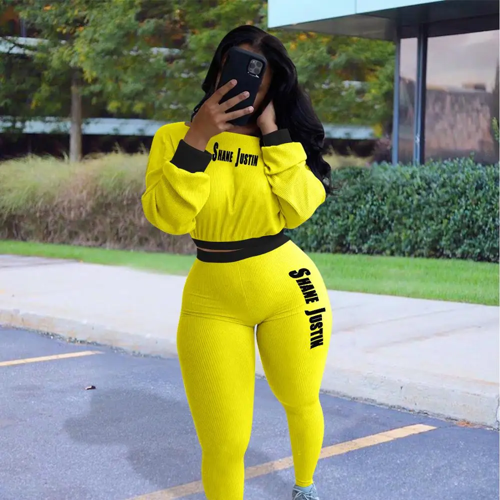 

Костюм CN975 женский из двух предметов, Модный повседневный облегающий костюм с топом с надписью, уличная одежда для бега