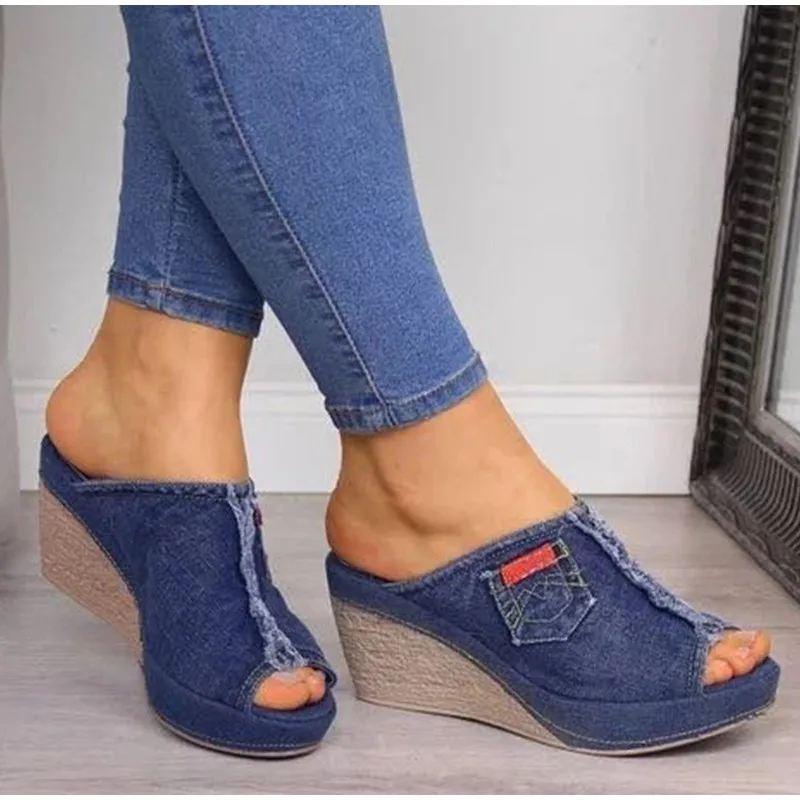 

2020 New Women's Slippers Denim Wedges Summer Shoes Sewing Peep Toe Ladies Slides Platform Woman Fashion Outside Footwear