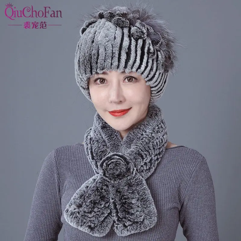 

Female Real Genuine Rex Rabbit Fur Cap Russian Winter Knitted Real Rex Rabbit Fur Hat Women Real Rabbit Fox Fur Skullies Beanies