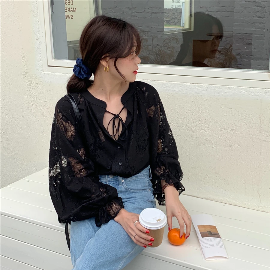 

2021 Women Blouse with Lace Lantern Long Sleeve Transparent Blouse Loose Sexy Cardigan Lace Shirt Spring Black Lace Top