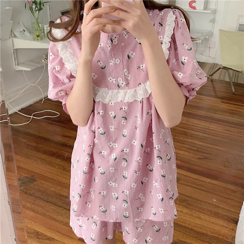 

Alien Kitty New Pink Summer Home Wear Cotton Flower 2021 Fashion Hot Printed Florals Sweet Chic Lace Pajama Short Sleeve Suits