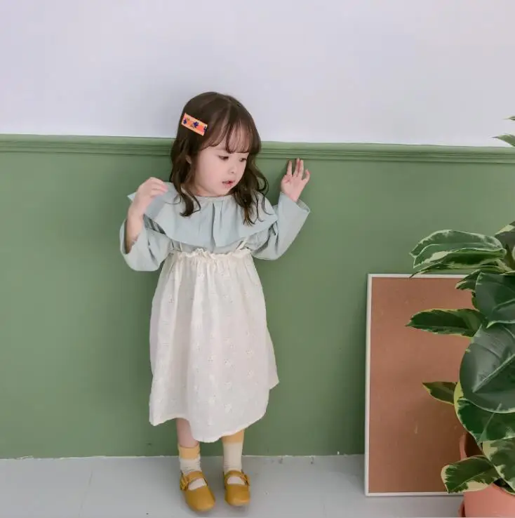 green clothes set Весна-осень, милые детские однотонные рубашки из чистого хлопка с воротником в виде листьев лотоса, свободные блузки для маленьких девочек - Цвет: green clothes set