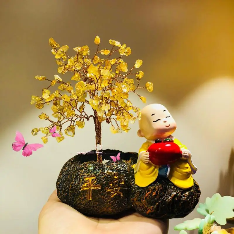 

Citrine Lucky Tree monk Crystal Lucky Money Fortune Tree Wealth Chinese Golden Home Office Decoration abletop Ornament Crafts