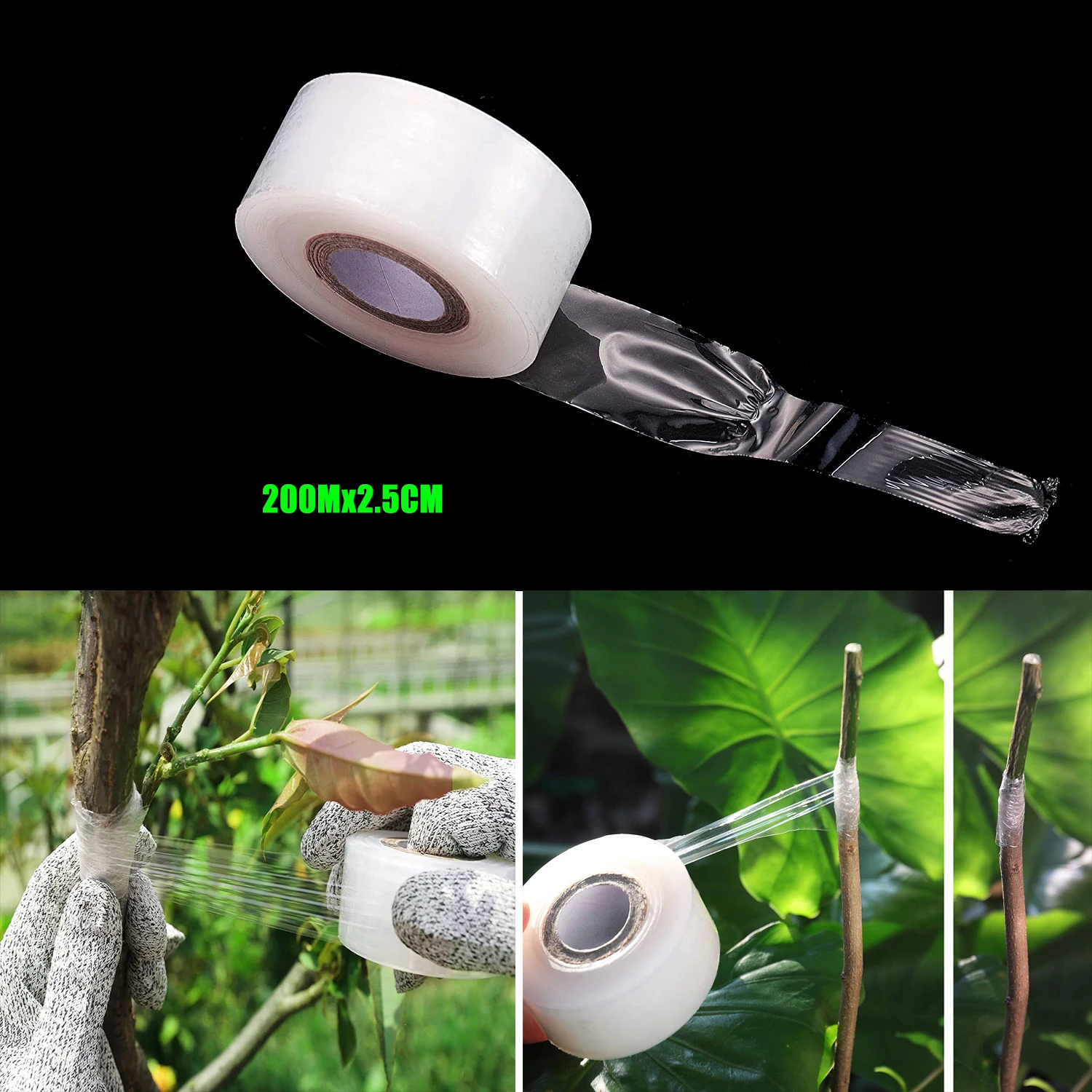 200Mx2.5cm Nursery Grafting Tape Roll Stretchable Self-adhesive Degradable Transparent
