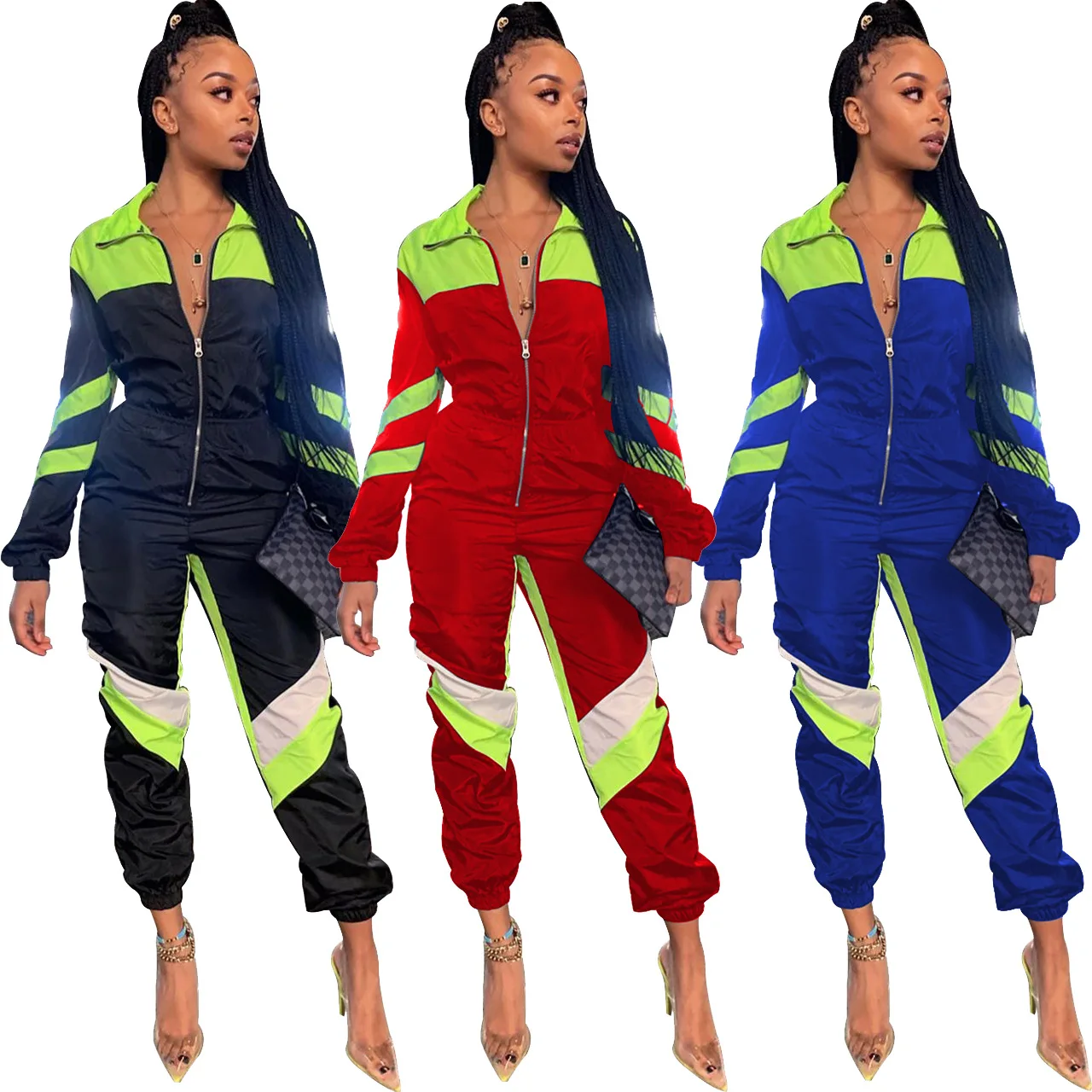 

Winter Lady Turn-down Collar Zipper Jumpsuits Full Sleeve V-Neck Patchwork Night Club Party Casual One Piece Ogrodniczki Damskie