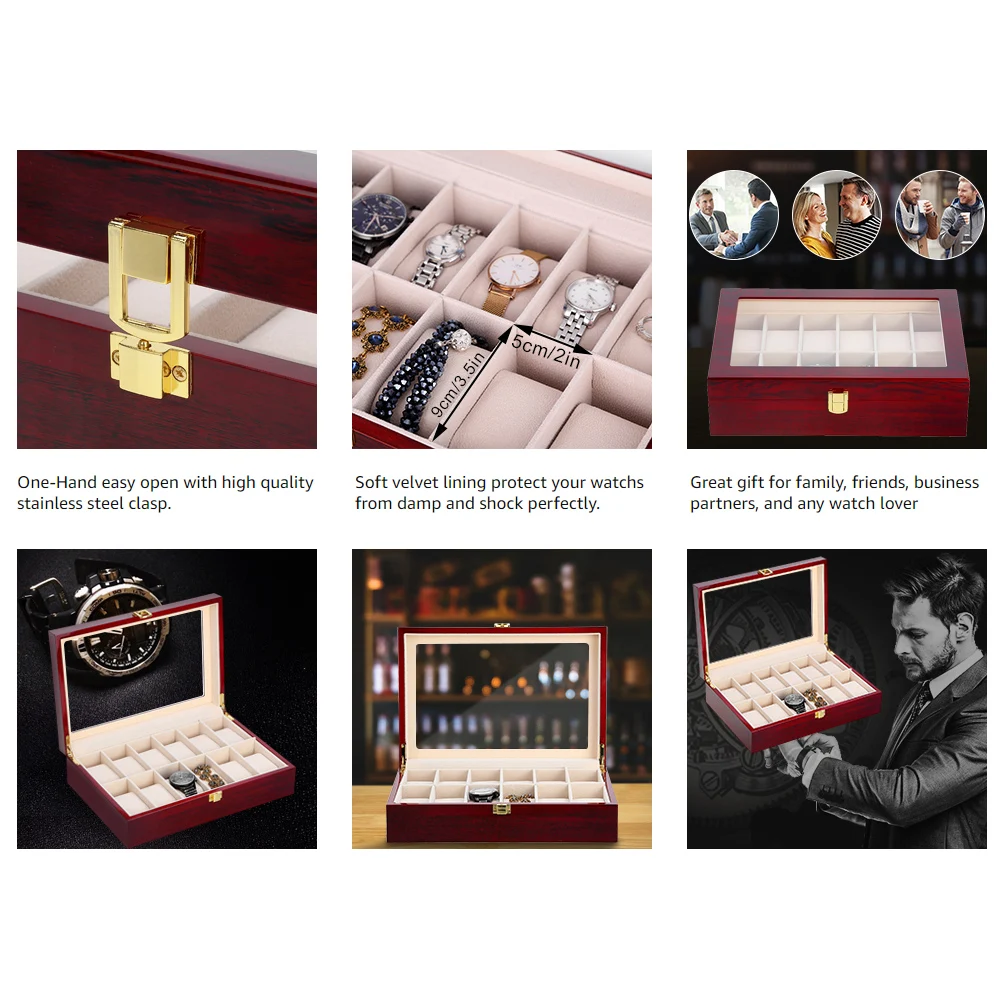 

2/3/5/6/10/12 Slots Watch Box wooden watch case Watch Display Case Storage Organizer Large Glass Top Collector Storage Box Case