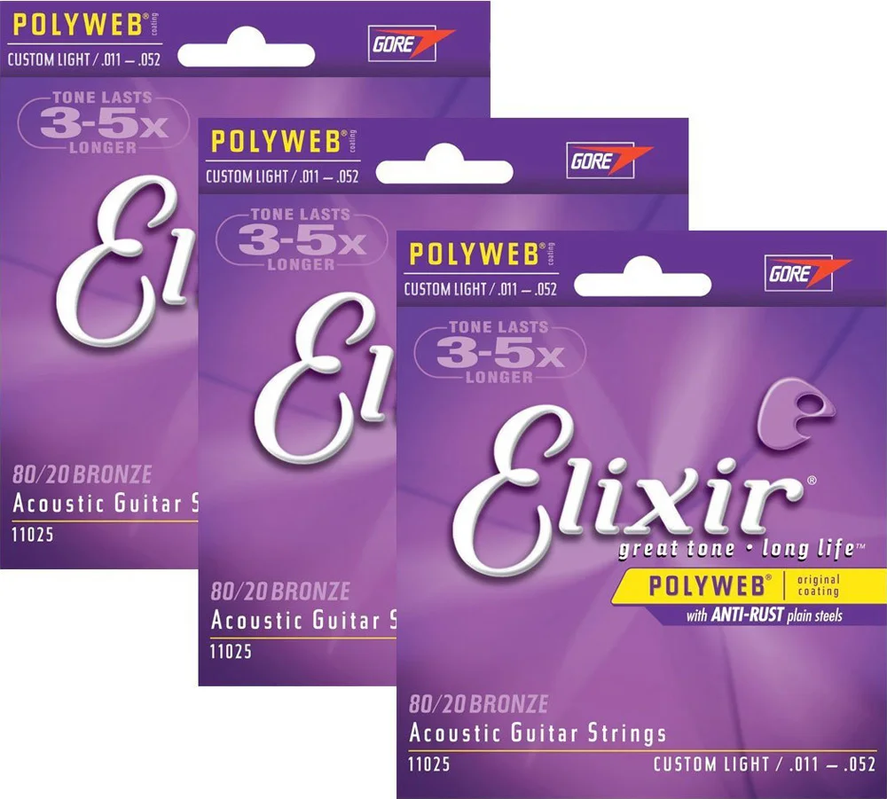 3 Наборы Elixir Polyweb Nanoweb покрытие антикоррозийное 80/20 бронзовые для акустической гитары струны