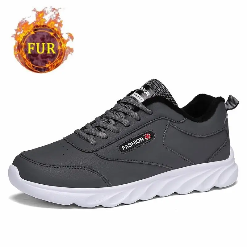

PU Leather Sneakers Men Shoes Autumn Winter Outdoor Lightweight Sport Running Shoes for Men Keep Warm Optional Plush Big Size 47