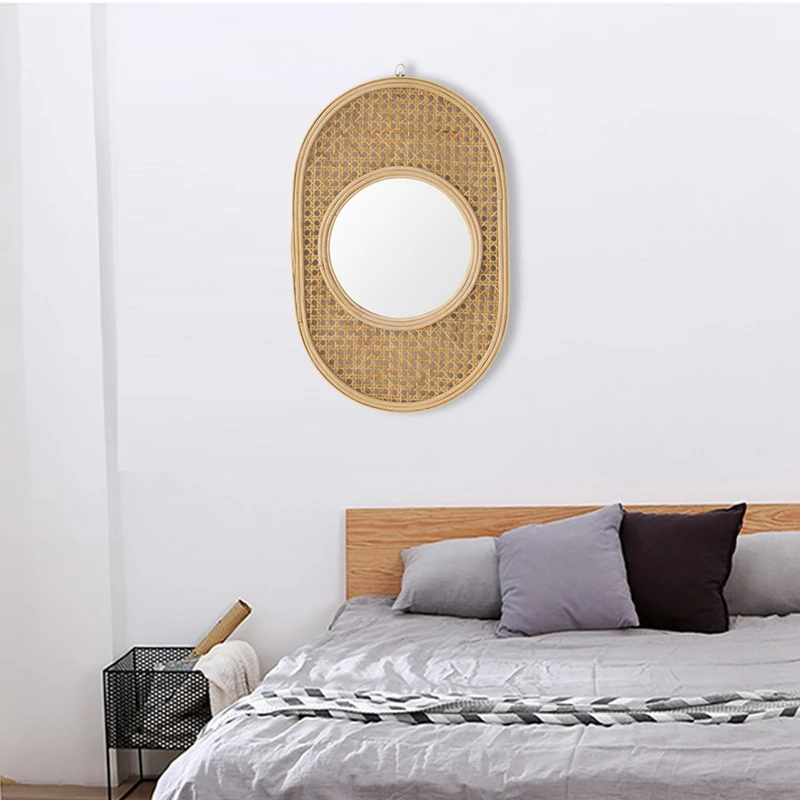 

Rattan Wall Hanging Mirror Handmade Woven Ornamental Mirror Dressing Makeup Mirror for Home Living Room Decorative