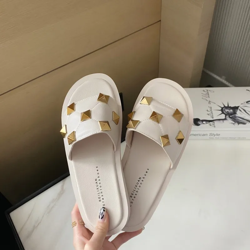 

House Slippers Platform Female Shoes Slides Fashion Loafers Low Summer Clogs Woman 2021 Luxury Beach PU Rome Rubber Basic Hoof H