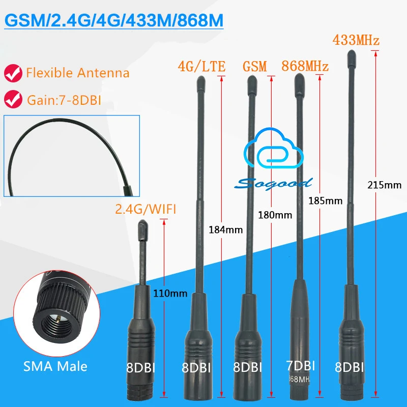 GSM 2 4G wifi 433MHz 868MHz Гибкая штыревая портативная антенна 8di gain sma male Dual Wide Band| |