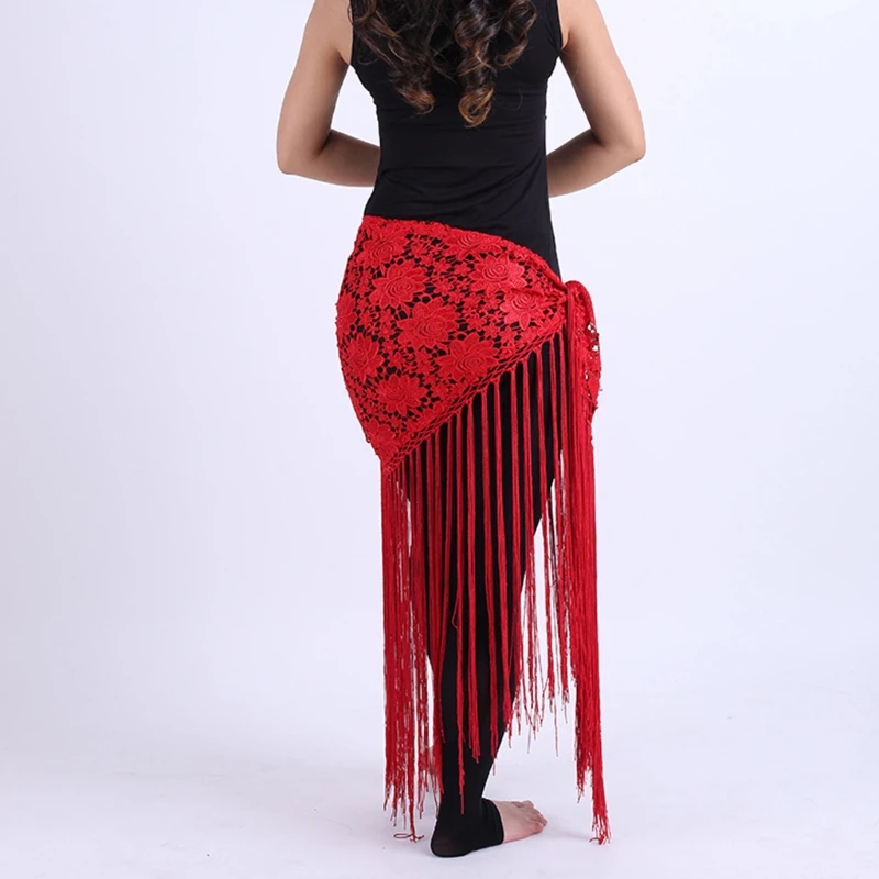 

Women Belly Dance Hollow Out Crochet Hip Scarf Long Fringe Tassels Triangle Shawl Waist Belt Beach Wrap Skirt Cover