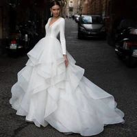 romantic a line wedding dress graceful v neck ruffles long sleeve court train princess bride gown plus size