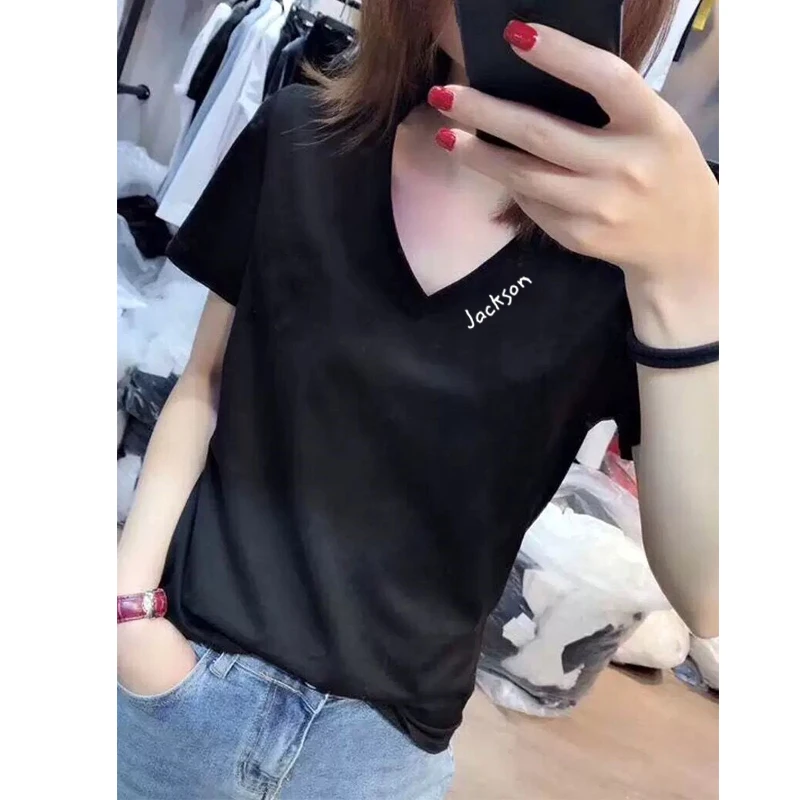 

T-shirt Tops Shirt White s with short sleeves dress 2021 new ins tide v-neck cotton short han edition dress loose