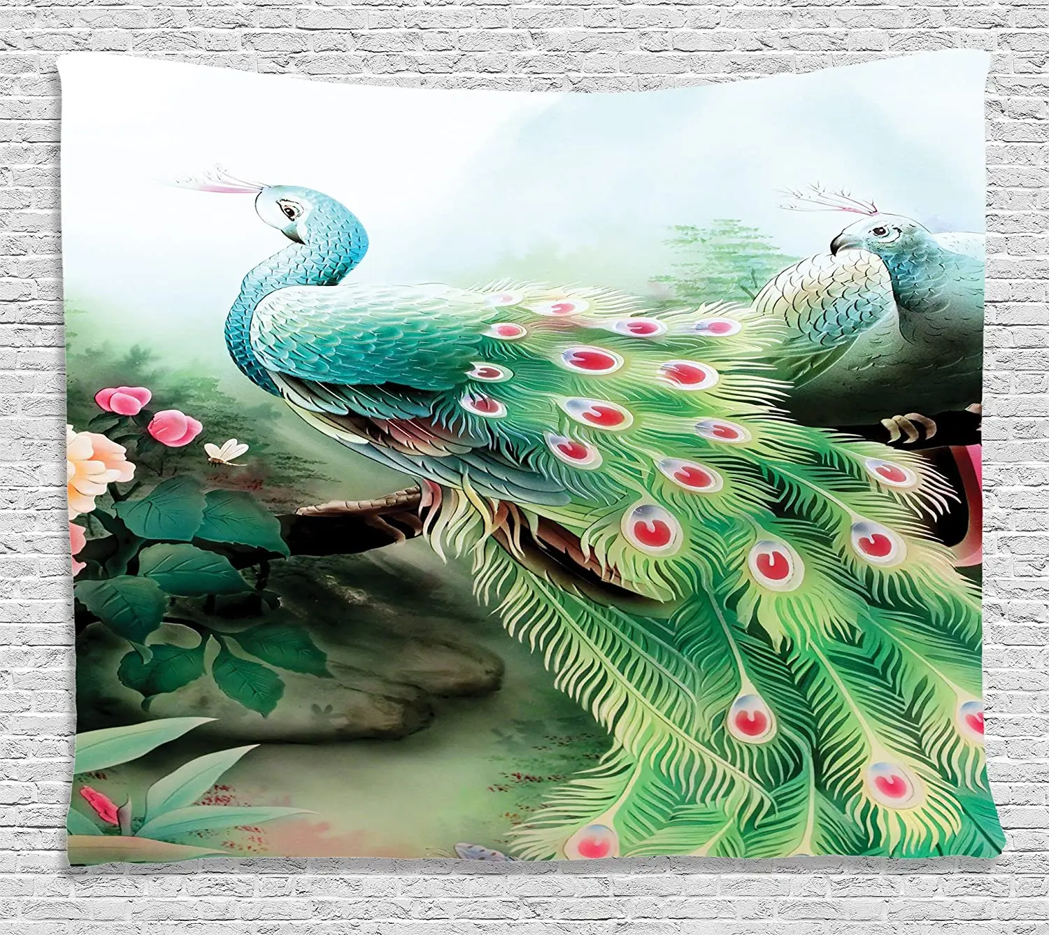 

Peacock Decor Tapestry Wall Hanging Peacock in Summer Flower Painting Effect Nature Art Print Bedroom Living Room