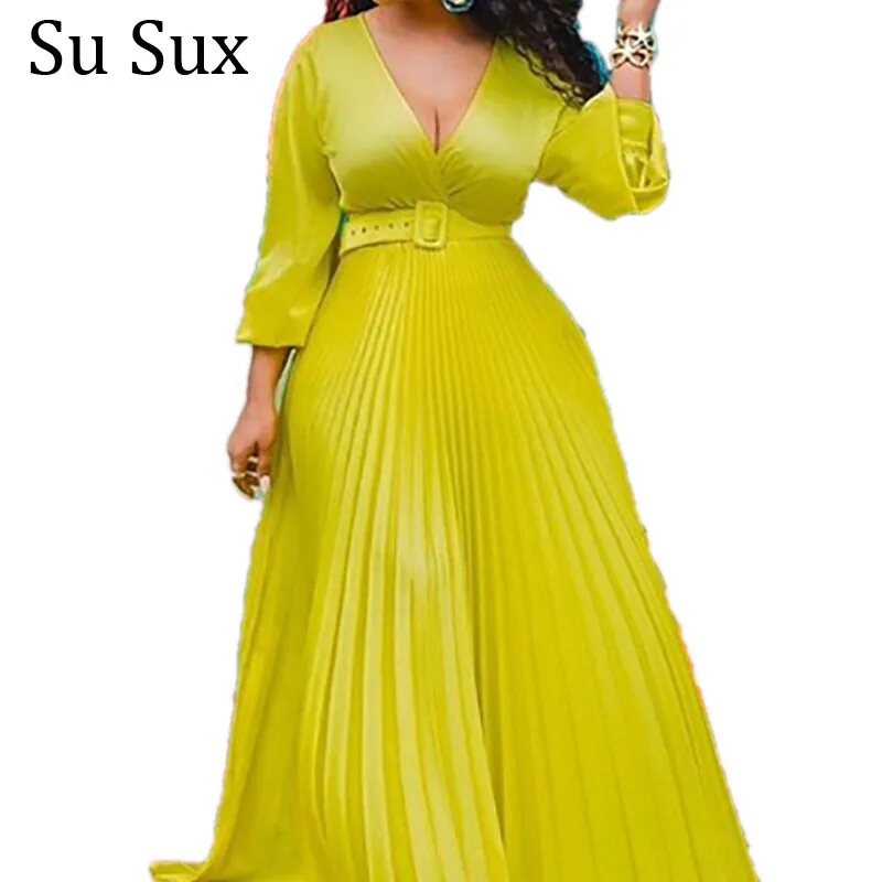 African Dress For Women Chiffon Maxi Dress African Clothes Robe Vintage Yellow Deep V Neck High Waist Pleated Party Dress Female