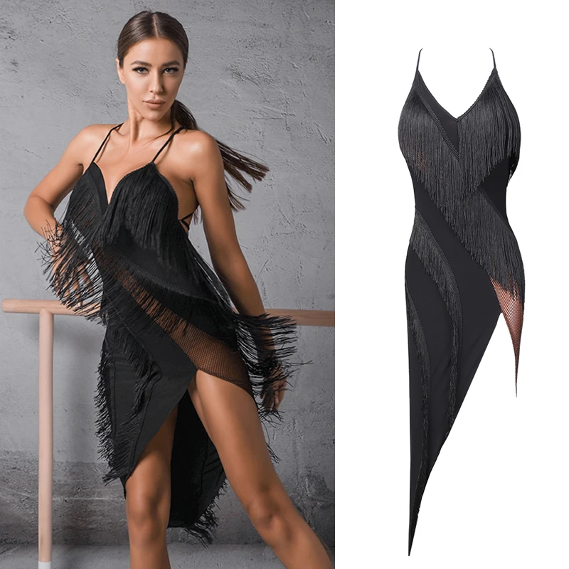 Платье для латиноамериканских танцев женская одежда танго сальсы ча румбы выступлений черные сексуальные