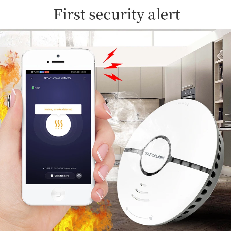 wifi smart smoke fire alarm sensor detector home security system alarm wireless smart life tuya app control powered by battery free global shipping