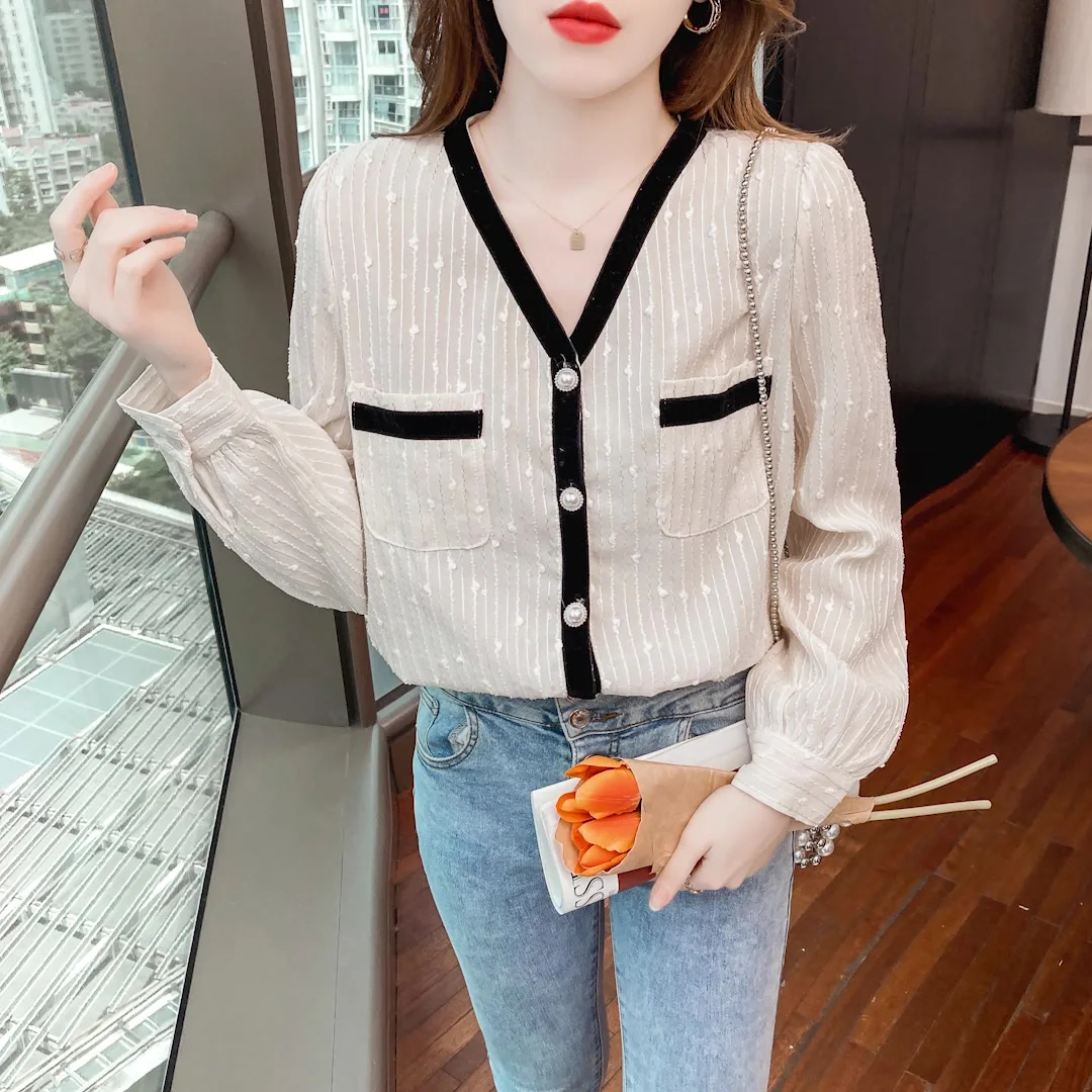 ITOOLIN Fashion Stripe Blouse Women V-Neck Jacquard long sleeve tops shirt Streetwear Elegant office ladies blouse 2022 | Женская одежда