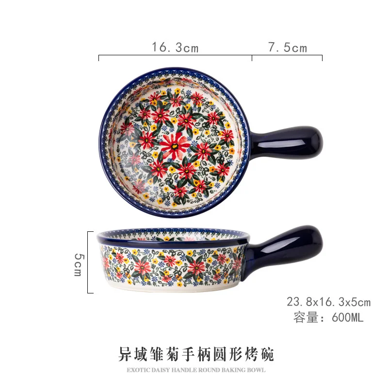 

Retro Ceramic Salad Bowl Household Oven Breakfast Bake Pan Microwave Bohemia Binaural Soup Handle Bowl In-glaze Tableware