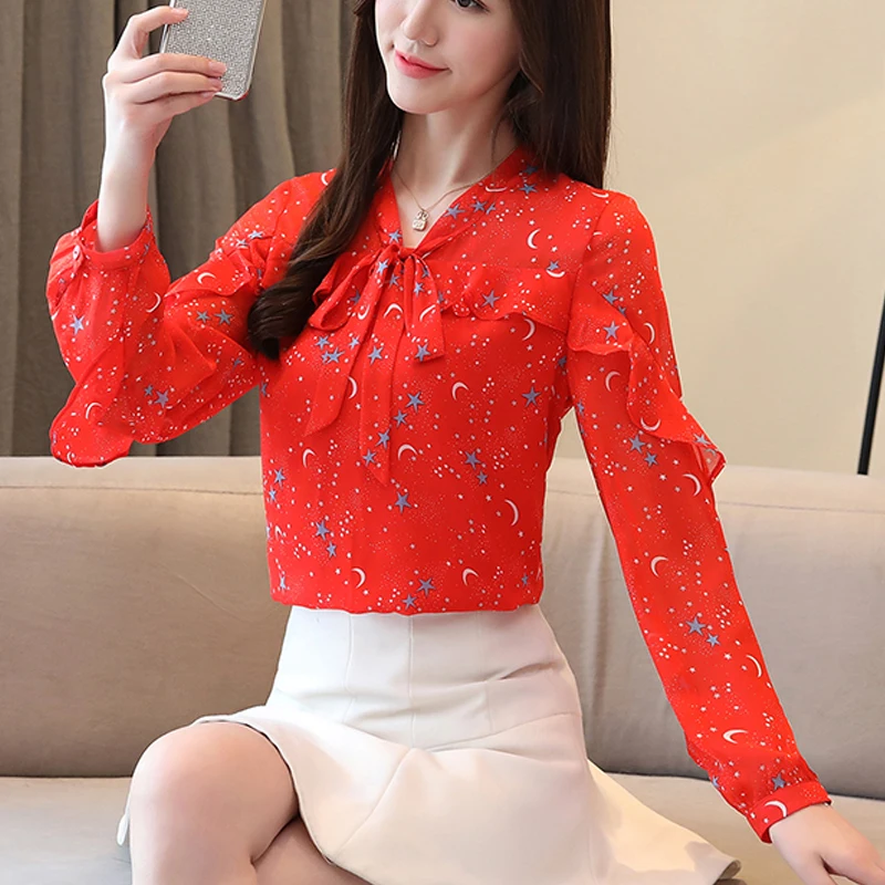 Шифоновая женская рубашка с оборками новинка весны 2020 блузки длинным рукавом и