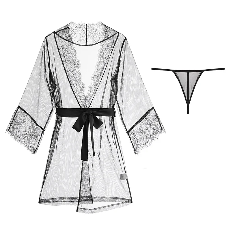 

Lencera de malla para mujer, Sexy, Conjunto de pijama para mujer, camisn de encaje con pestaas, vestido largo, Tanga, ropa