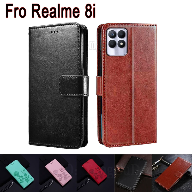 realme8 i leather cover for realme 8i case phone protective shell book for realme rmx3151 8 i flip wallet stand cases coque free global shipping