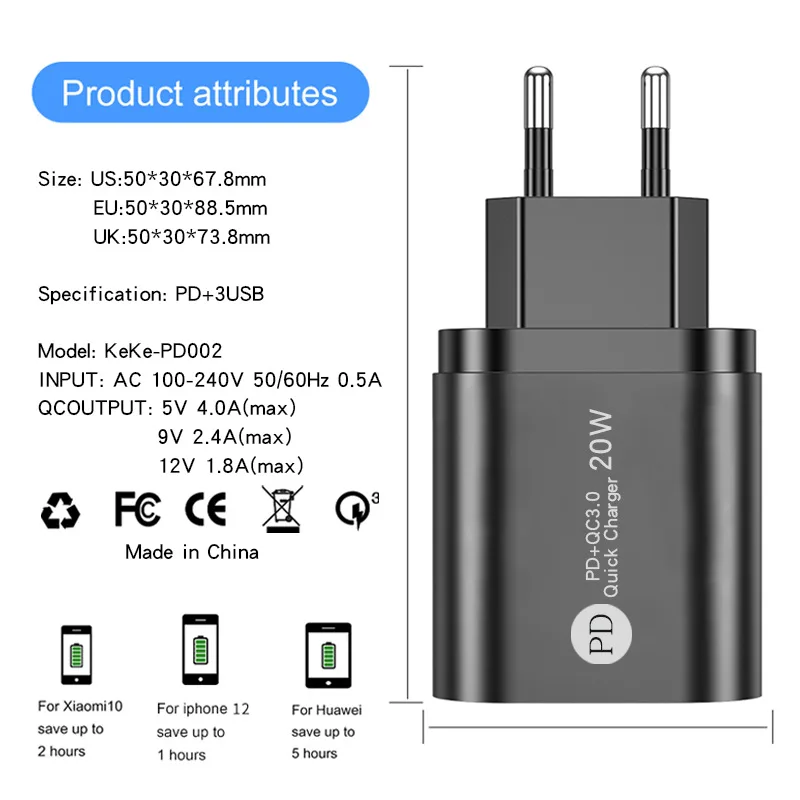 QC3.0 PD 20w Fast Charger Type-c USB Charging Head for Samsung Iphone Phone Huawei Xiaomi Apple IOS Android Applied Quic 5V 4A | Мобильные