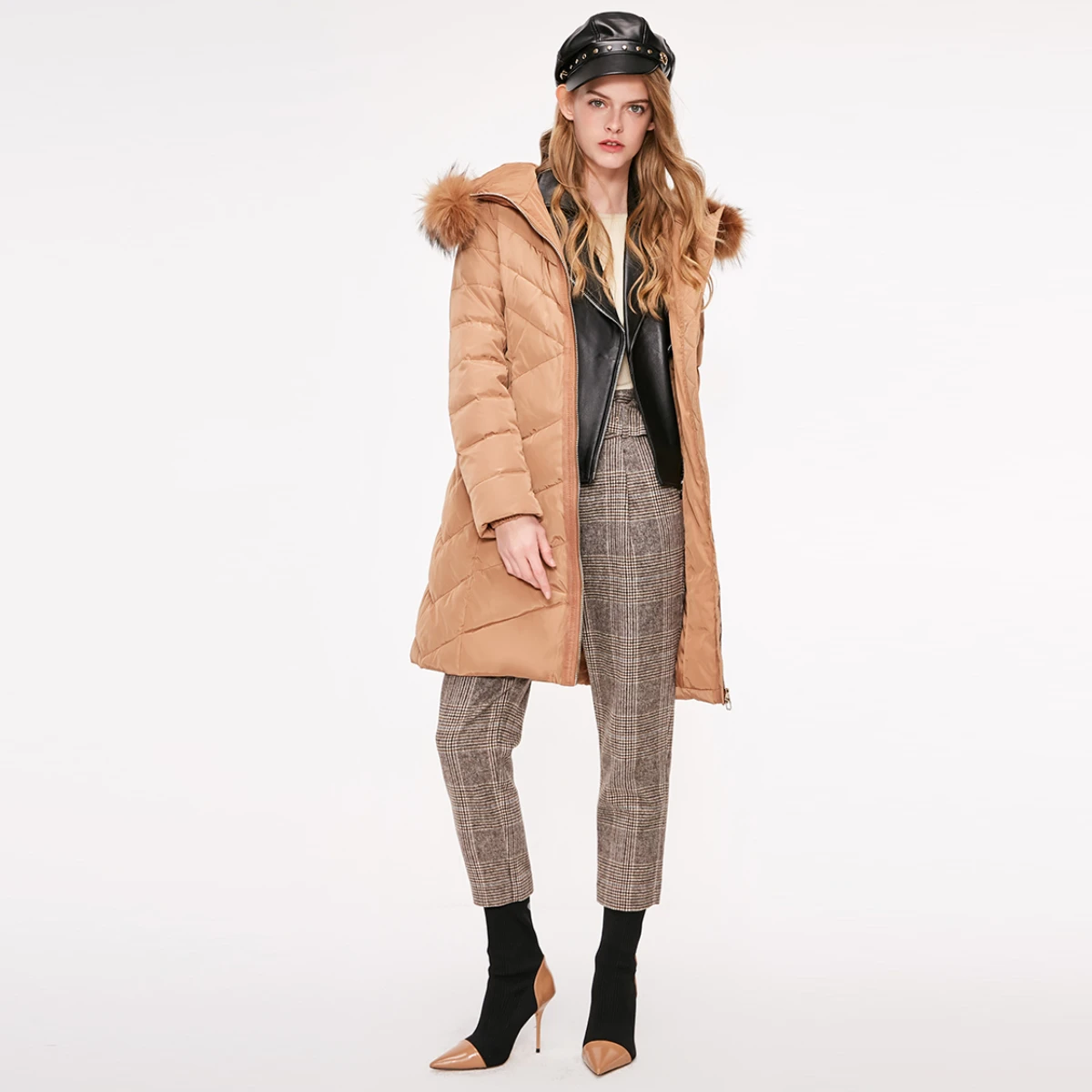 Только для женщин отбеленный Slim Fit енота меховой воротник длинный пуховик пальто парка | 118312526