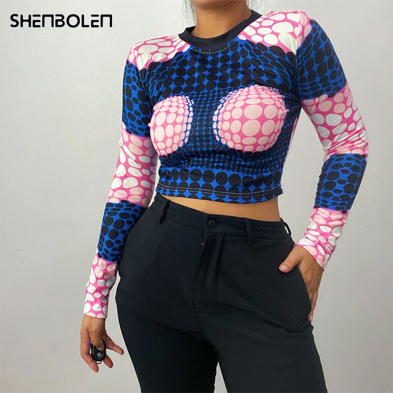 

2021 Fall Female Clothing Streetwear Wholesale Items Women Autumn Long Sleeve Printed Slim Fashion T Shirt Crop Tops
