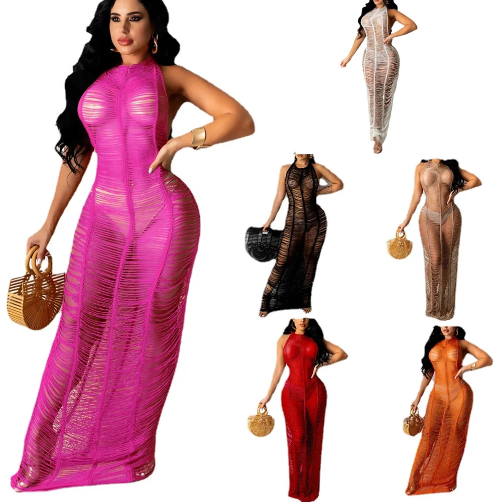 

Women Sexy Dresses Erotic Porno See Through Cover Up Maxi Dress Hot Halter Smock Clubwear Stripper Outfit Dancewear Sheer Dress