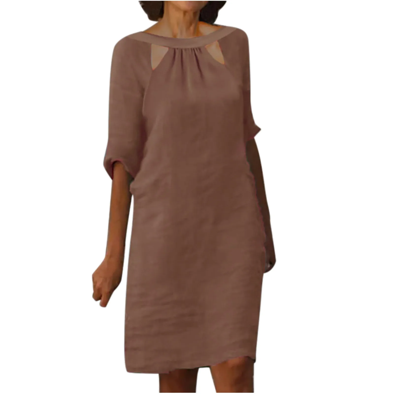 

Dress Solid Color Lace Sleeve Halter Neck Dress Sexy Solid Hollow With Pleats O-neck Women's Dress Casual Knee-length Skirt